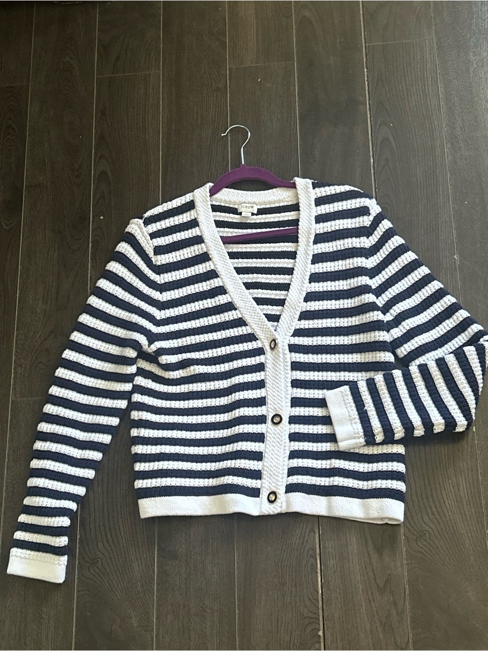 J. Crew Navy and White Striped V-Neck Button Cardigan